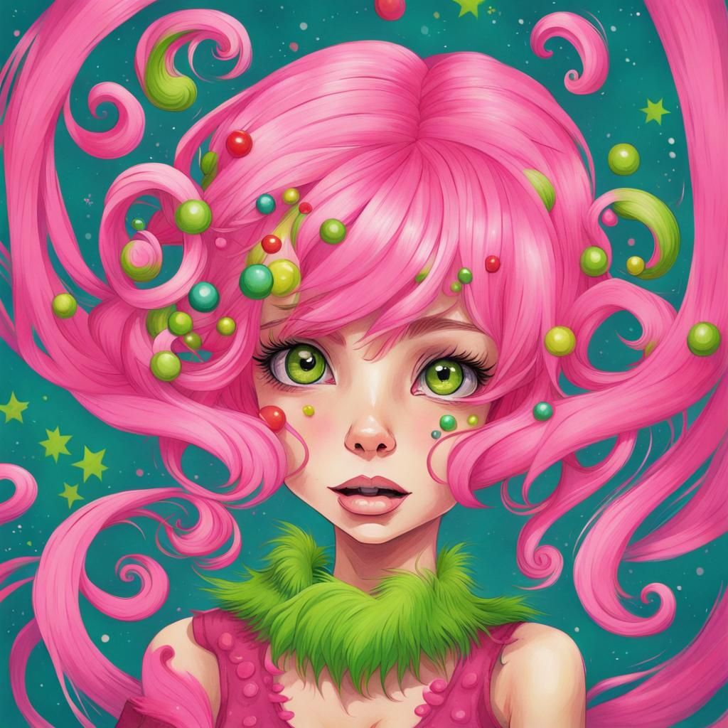 Anime Grinch Girl with Pink Hair in Candyland