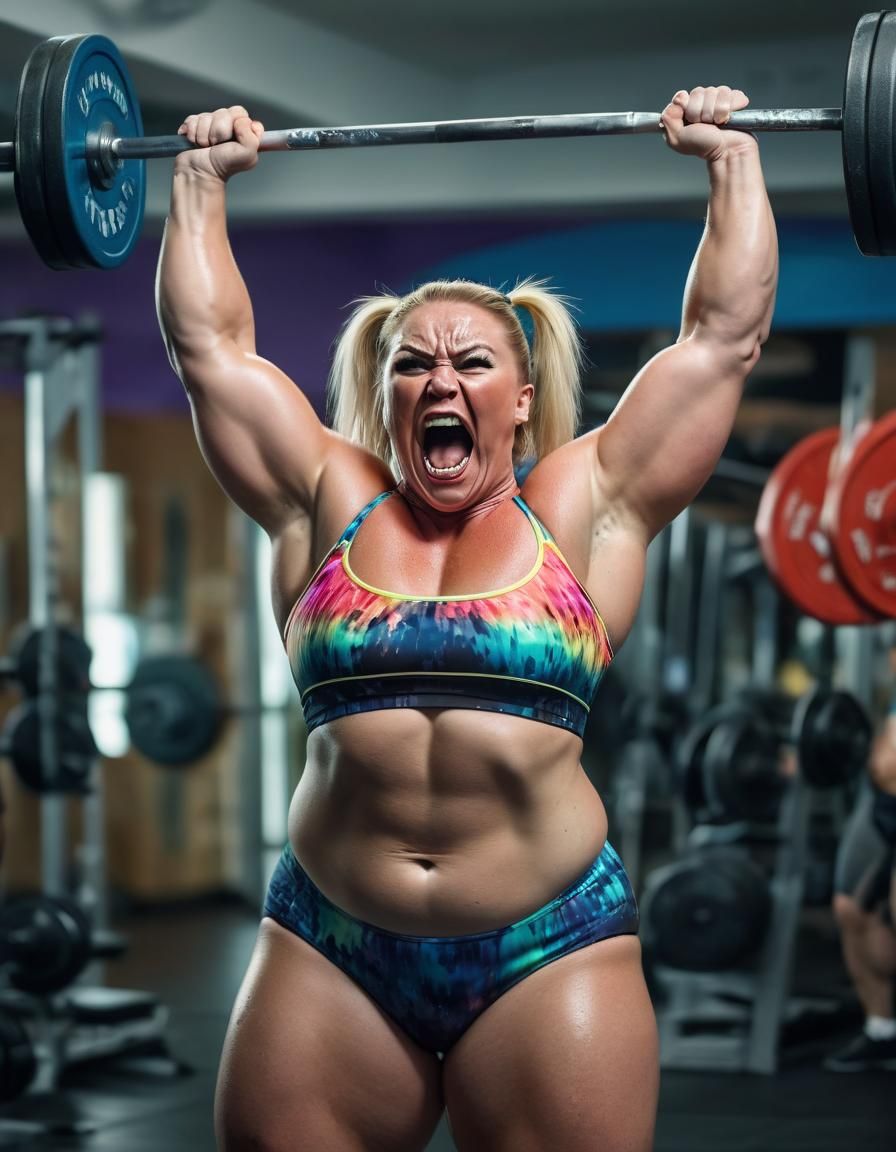 Empowered Russian Bodybuilder in Vibrant Swimsuit Lifts Weig...