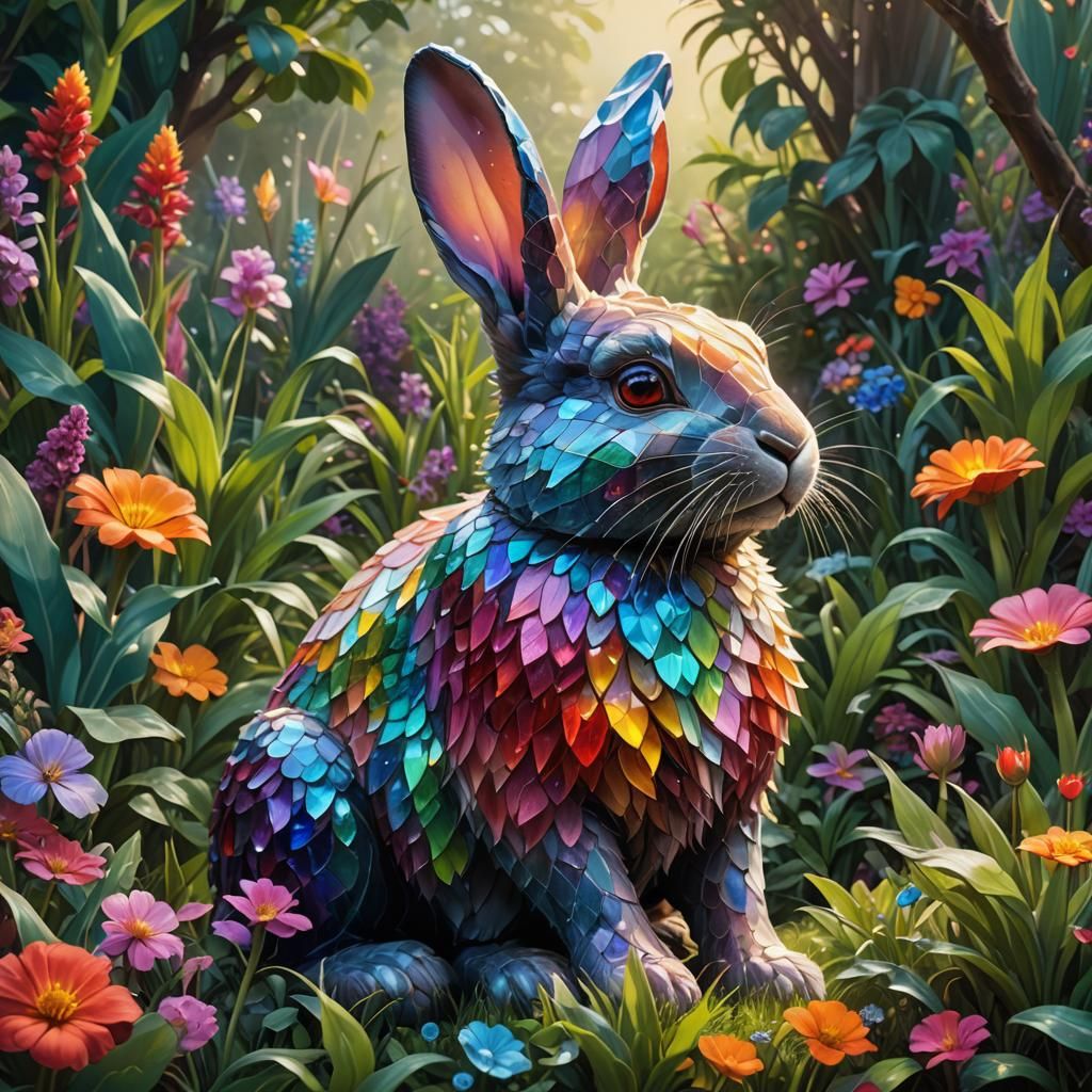 Glass Rabbit Shimmers in Lush Garden: Digital Matte Painting