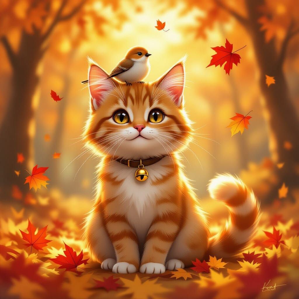 Ginger Cat and Bird Best Friends in Autumn Sunlight
