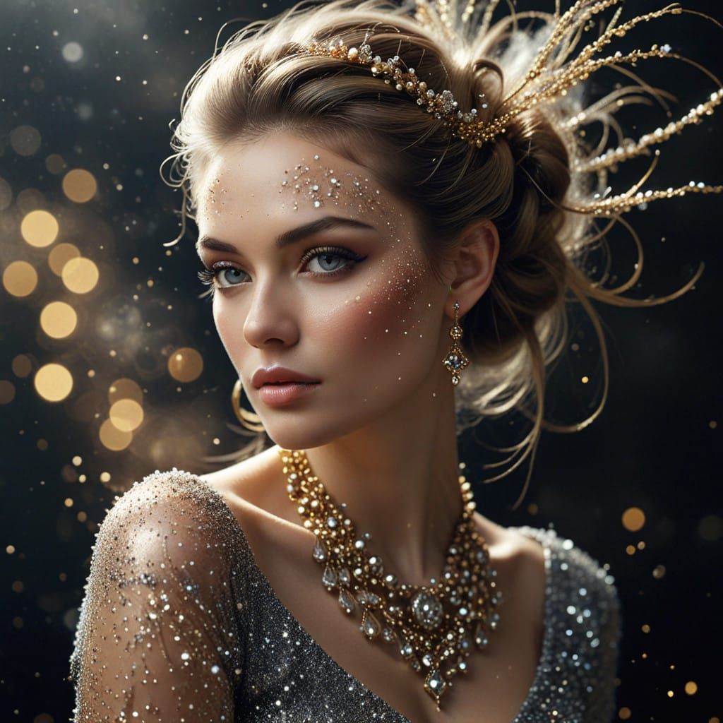 A Young Woman Radiates Beauty Amidst Glittering New Year's S...