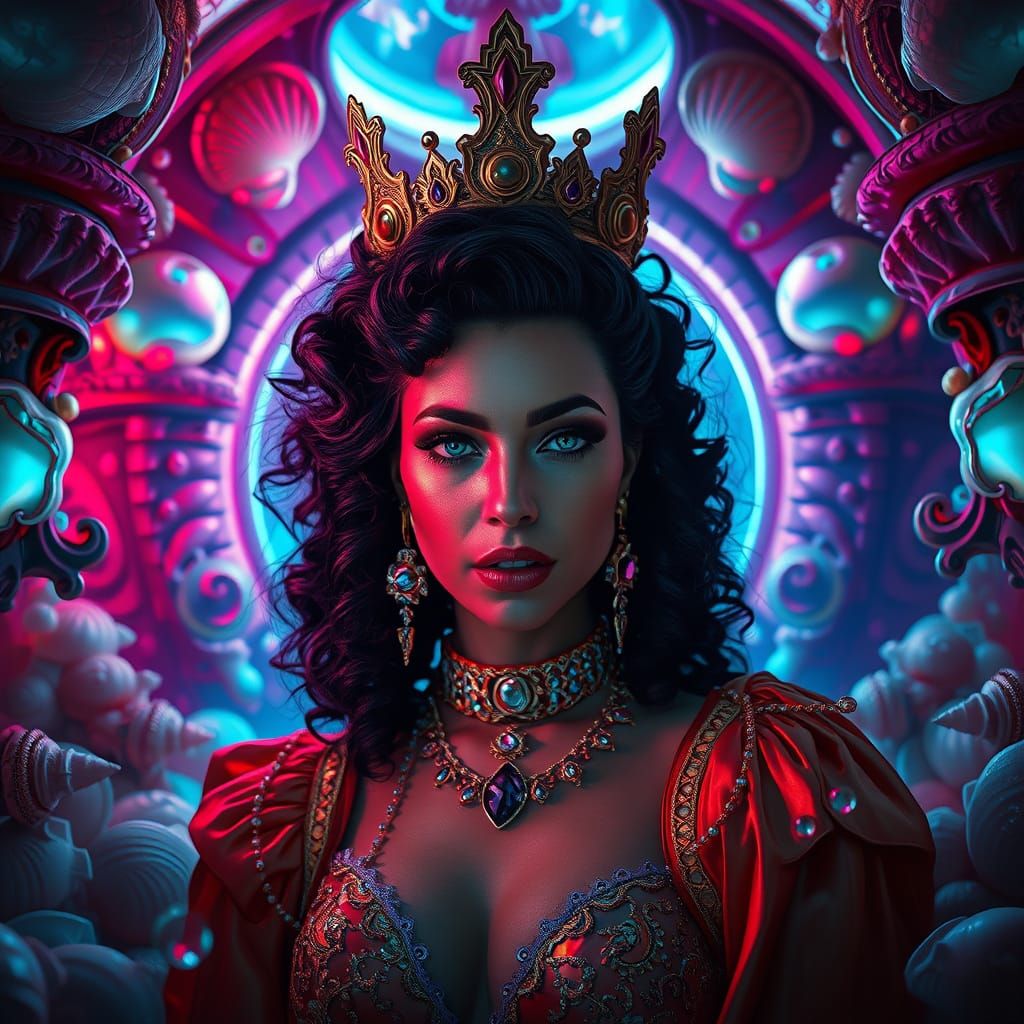 Regal Queen in Hypnotic Underwater Palace with Iridescent Sh...