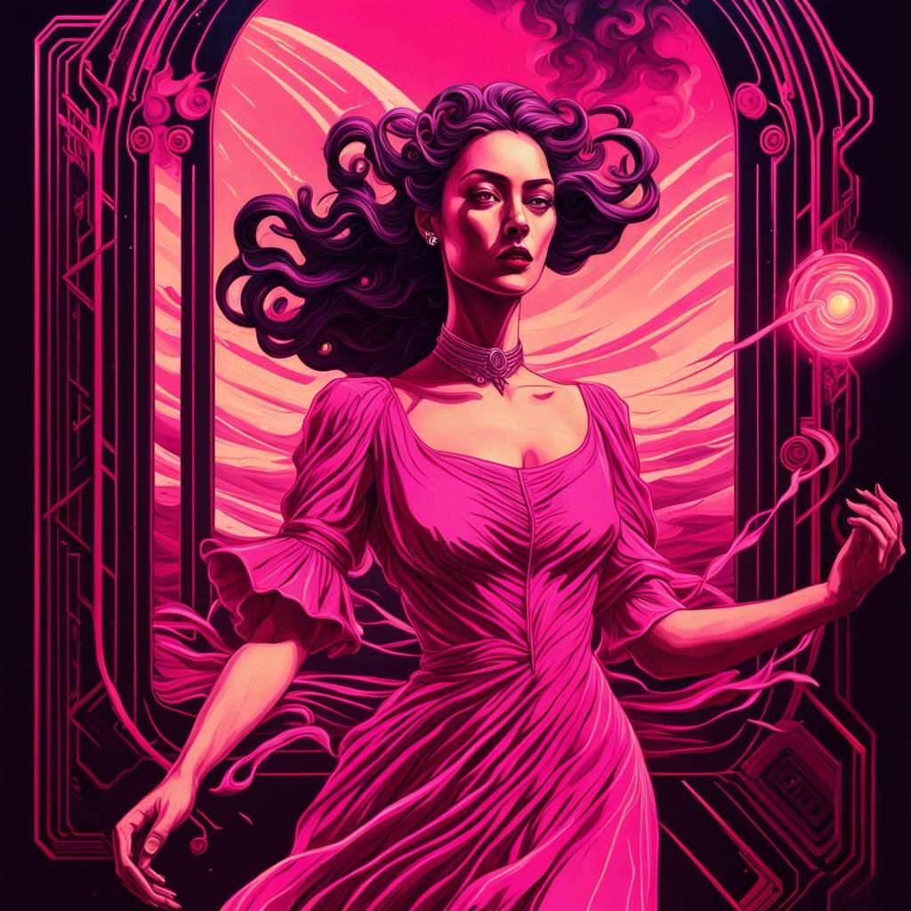 Elemental Spirit in Pink Dress: Art Nouveau Style