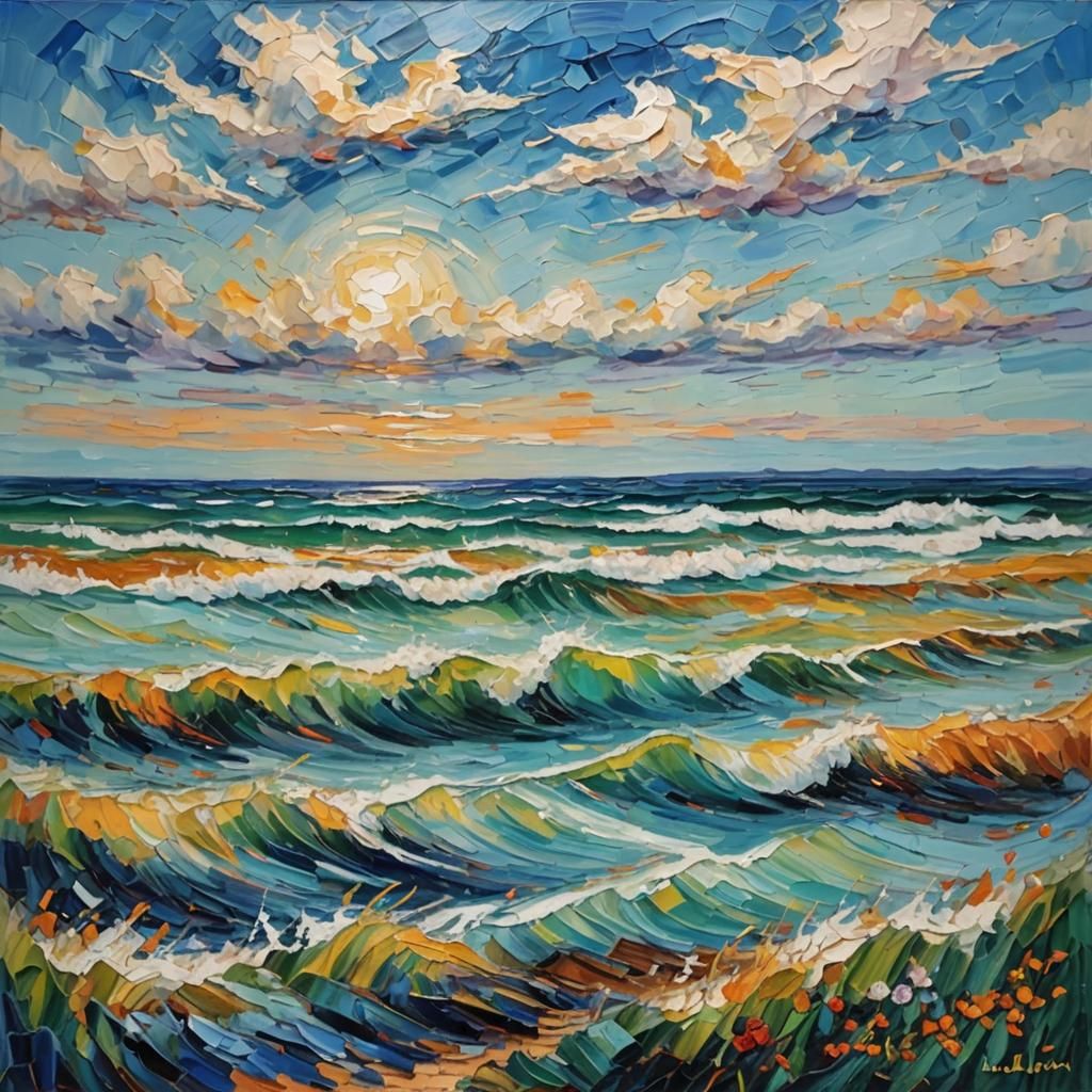 Seascape in Neo-Impressionist Impasto Style