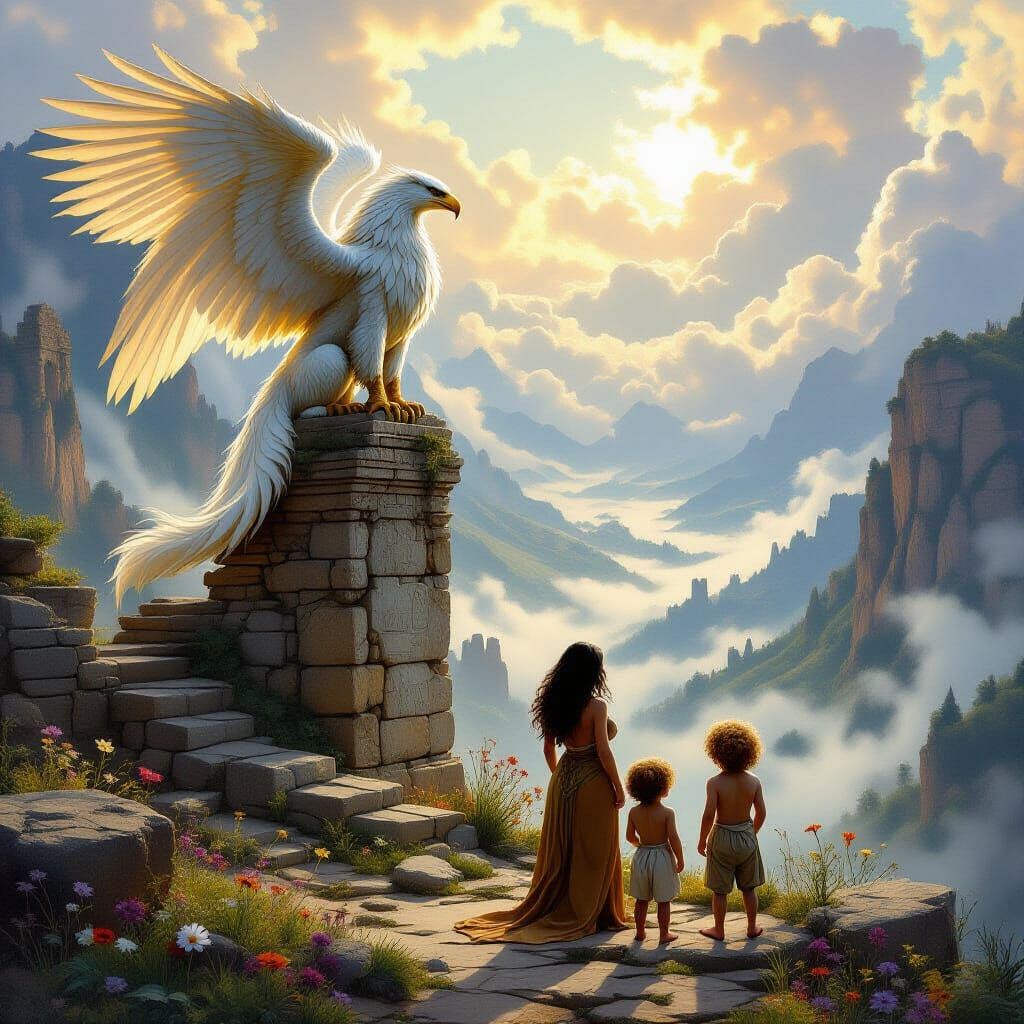 Majestic Griffin Over Misty Valley in Golden Hour
