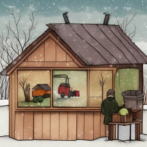 Winter Farm Stand: Artistic Ink and Watercolor Doodle