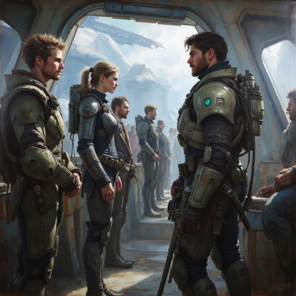 Space Marine Orders Crew: Hyperrealistic Oil Painting