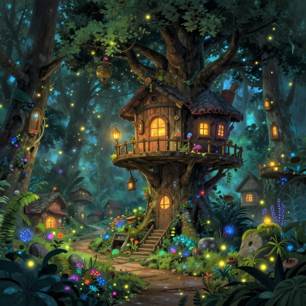 Enchanting Treehouse Village in Glowing Forest