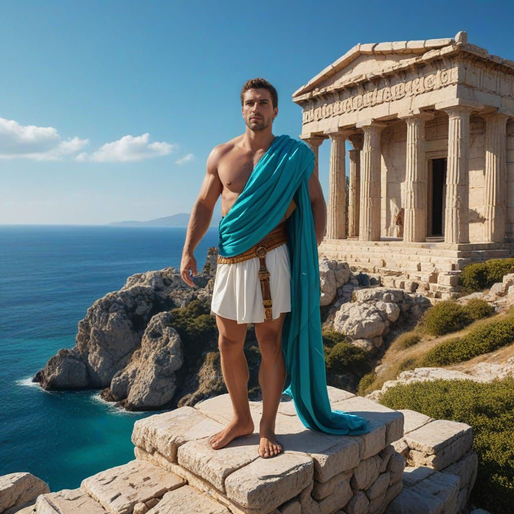 Ancient Greek Warrior Stands Before Temple, Photorealistic