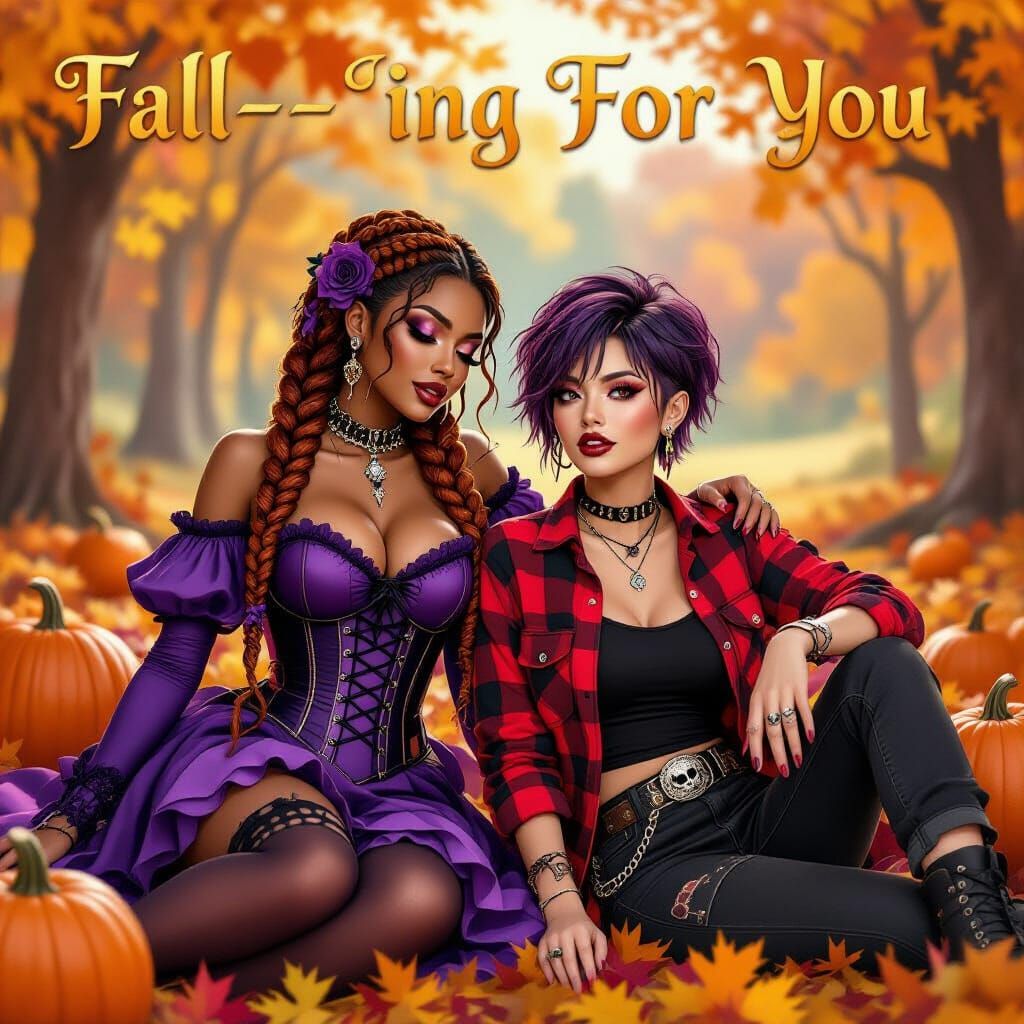 Witches Cuddling Under Harvest Moon in Autumn Leaves