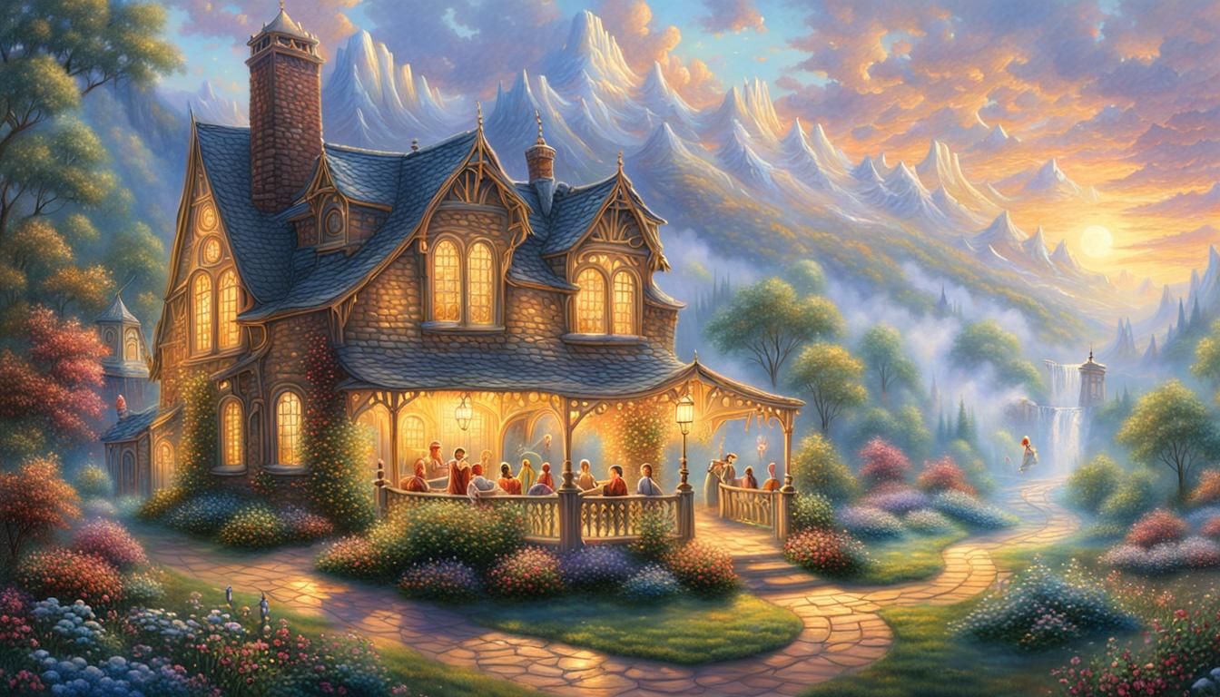 Ethereal Golden Hour Scene in Kinkade Style