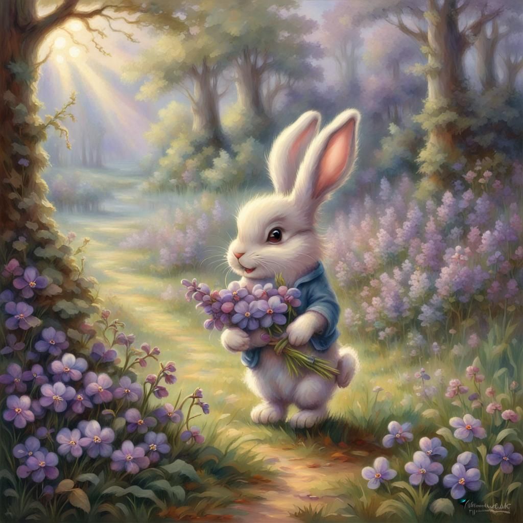 Charming Bunny with Violets in Ethereal Meadow