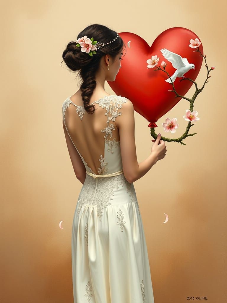 Ethereal Lady in Ivory Gown with Crimson Balloon and Cherry ...