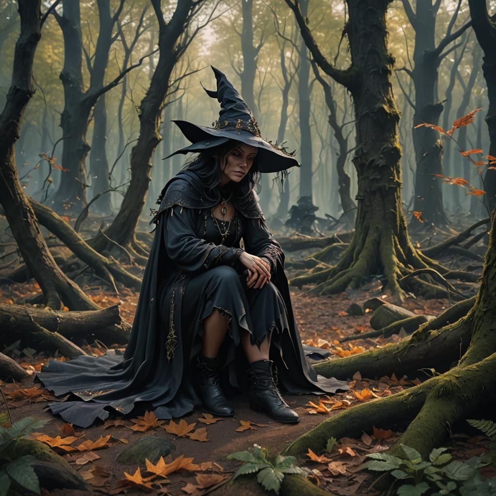 Crying Witch in Forest: Fantasy Concept Art