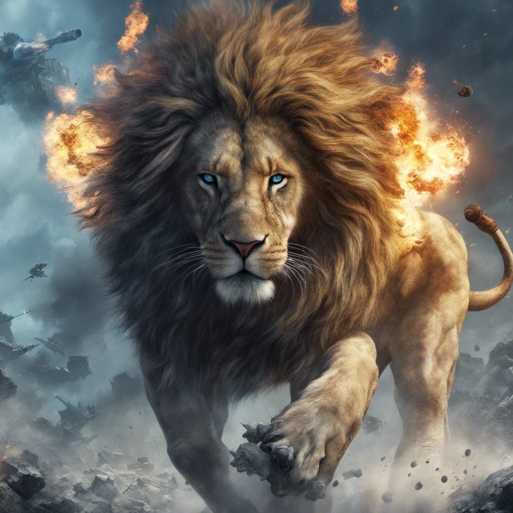 Blue-Eyed Lion in a Battlefield