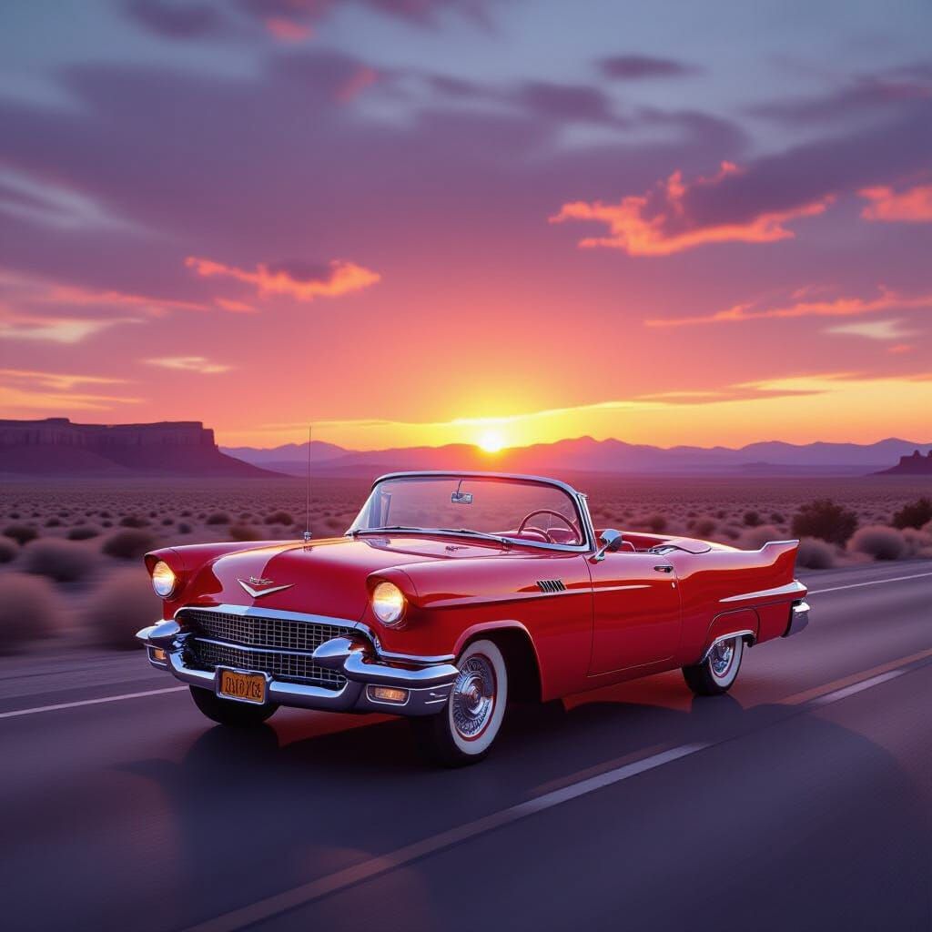 Vintage Cadillac on Route 66 at Sunset