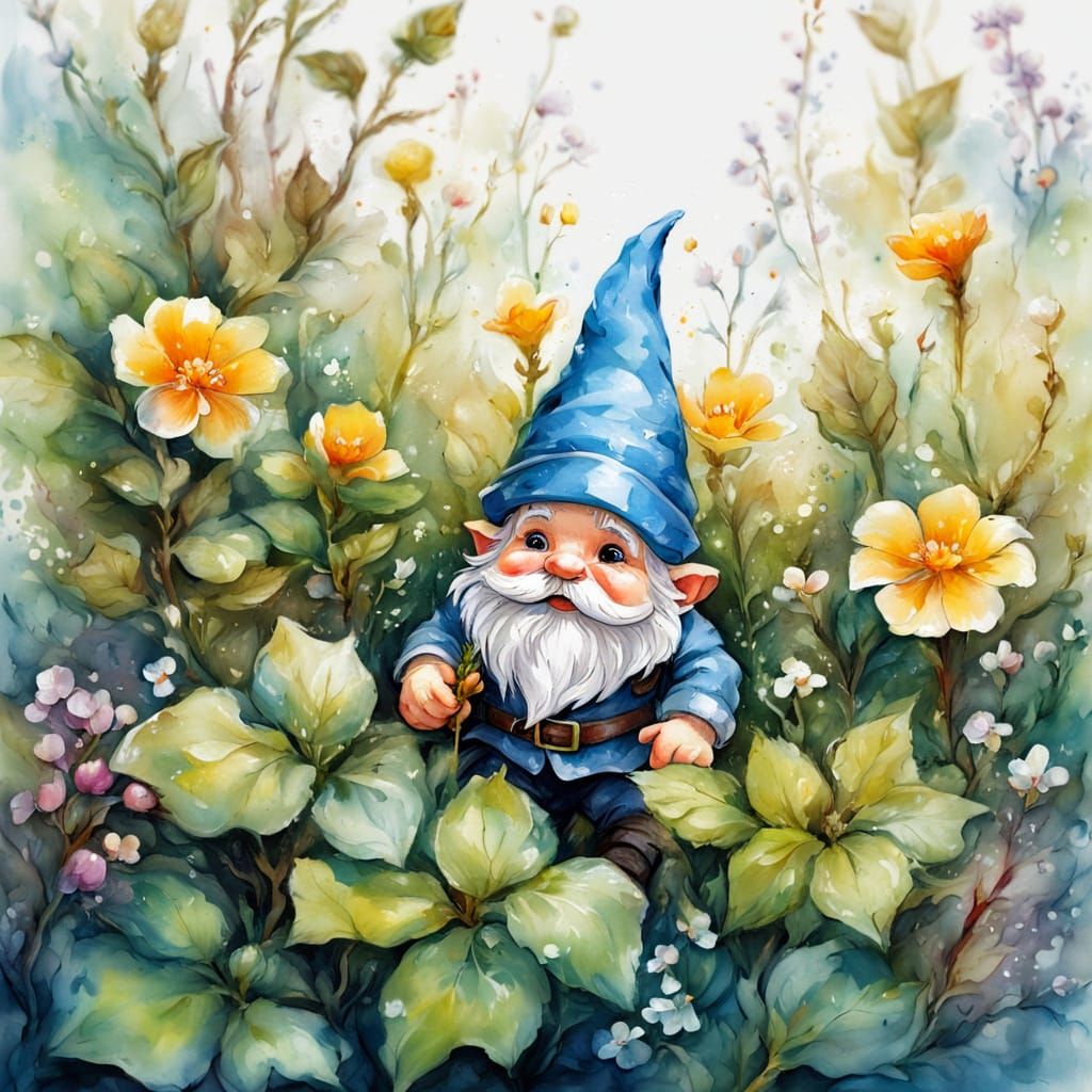 Gnome Hiding in Flower Bush: Fantasy Impressionism