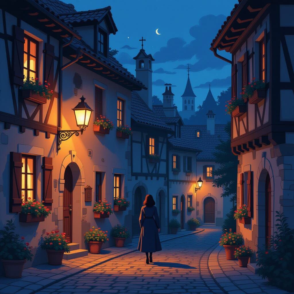 Twilight Silhouette on European Cobblestone Street