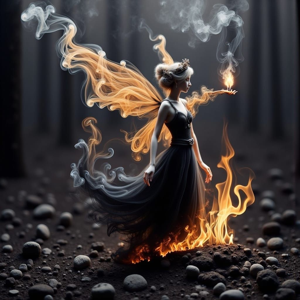 Smoky Fairy Dances in Charred Forest, Dark Fantasy Art