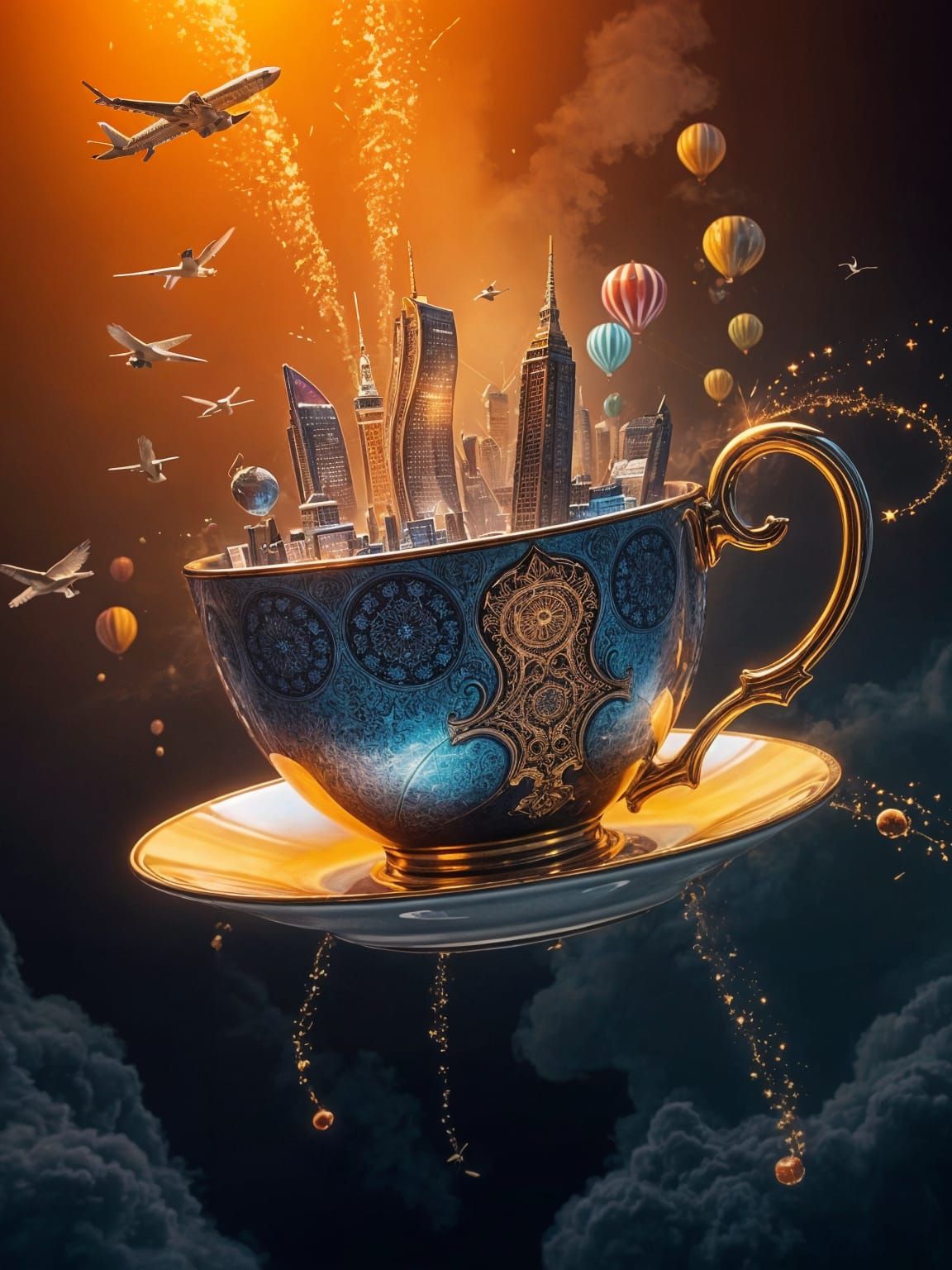 Futuristic Cities Atop Teacups: Cinematic Still