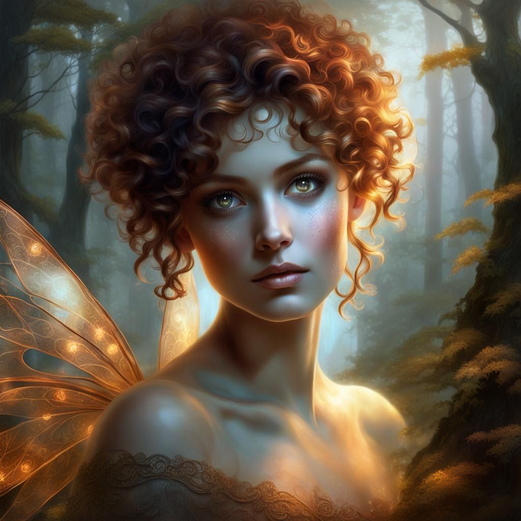Fairy Goddess with Copper Accents in Foggy Forest