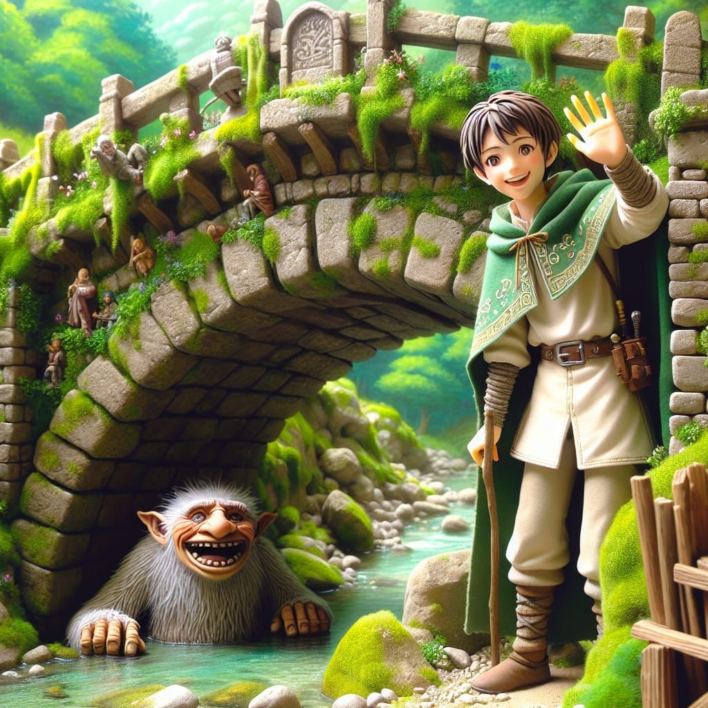 Village Boy Greets Heartwarming Troll Under Mossy Bridge