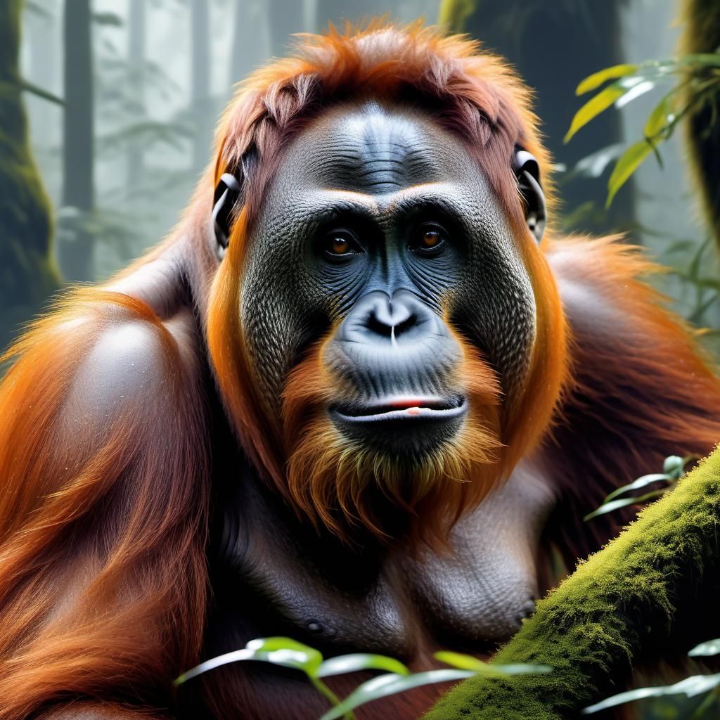 Orangutan Portrait in Bierstadt Style, Gouache and Ink