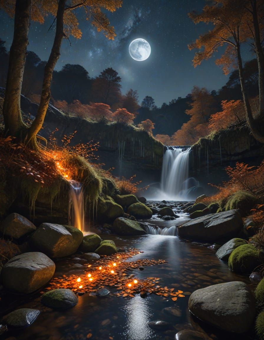 Autumn Waterfall Under Full Moon With Milky Way