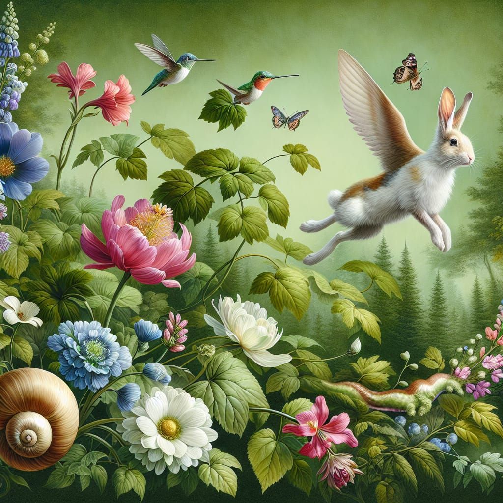 Flying Floral Fantasy with Winged Animals, Impressionist Sty...