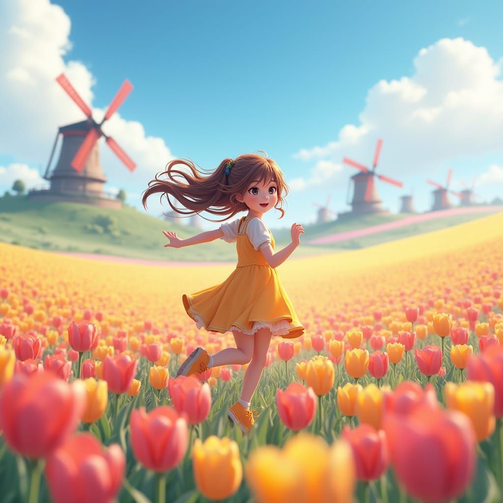 Surreal Girl Runs Through Vibrant Tulip Field with Windmills