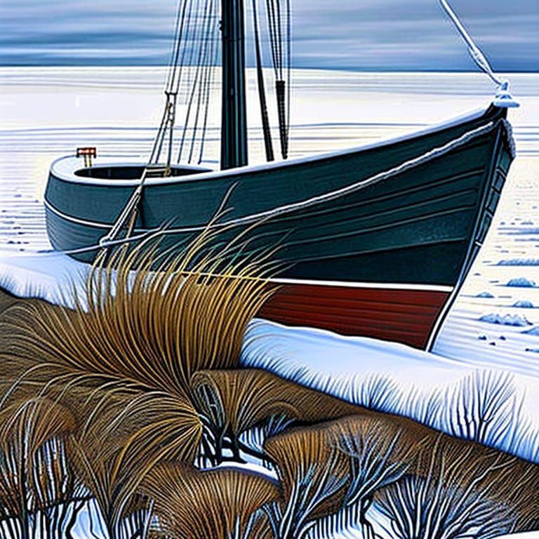 Surreal Winter Boat Portrait in Dark Fantasy Style