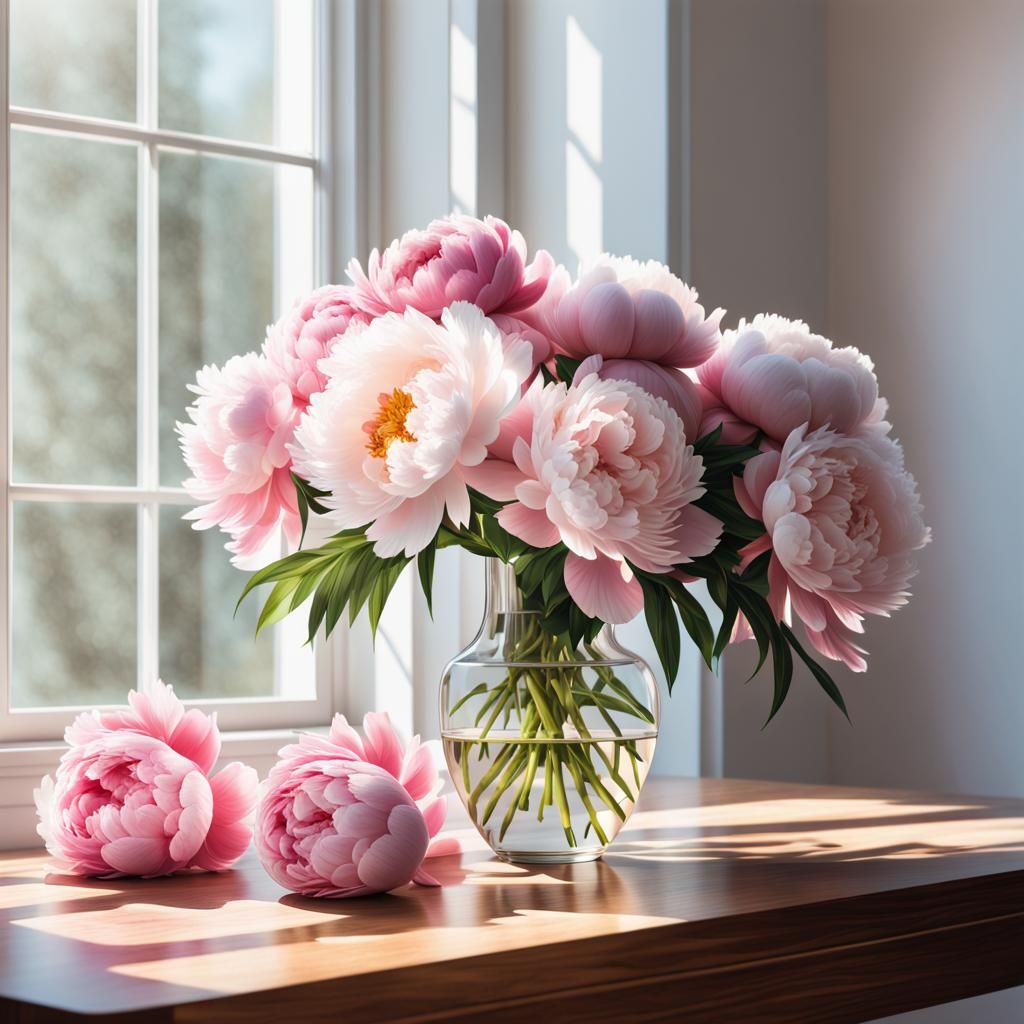 Elegant Floral Vase with Peonies in Sunlight