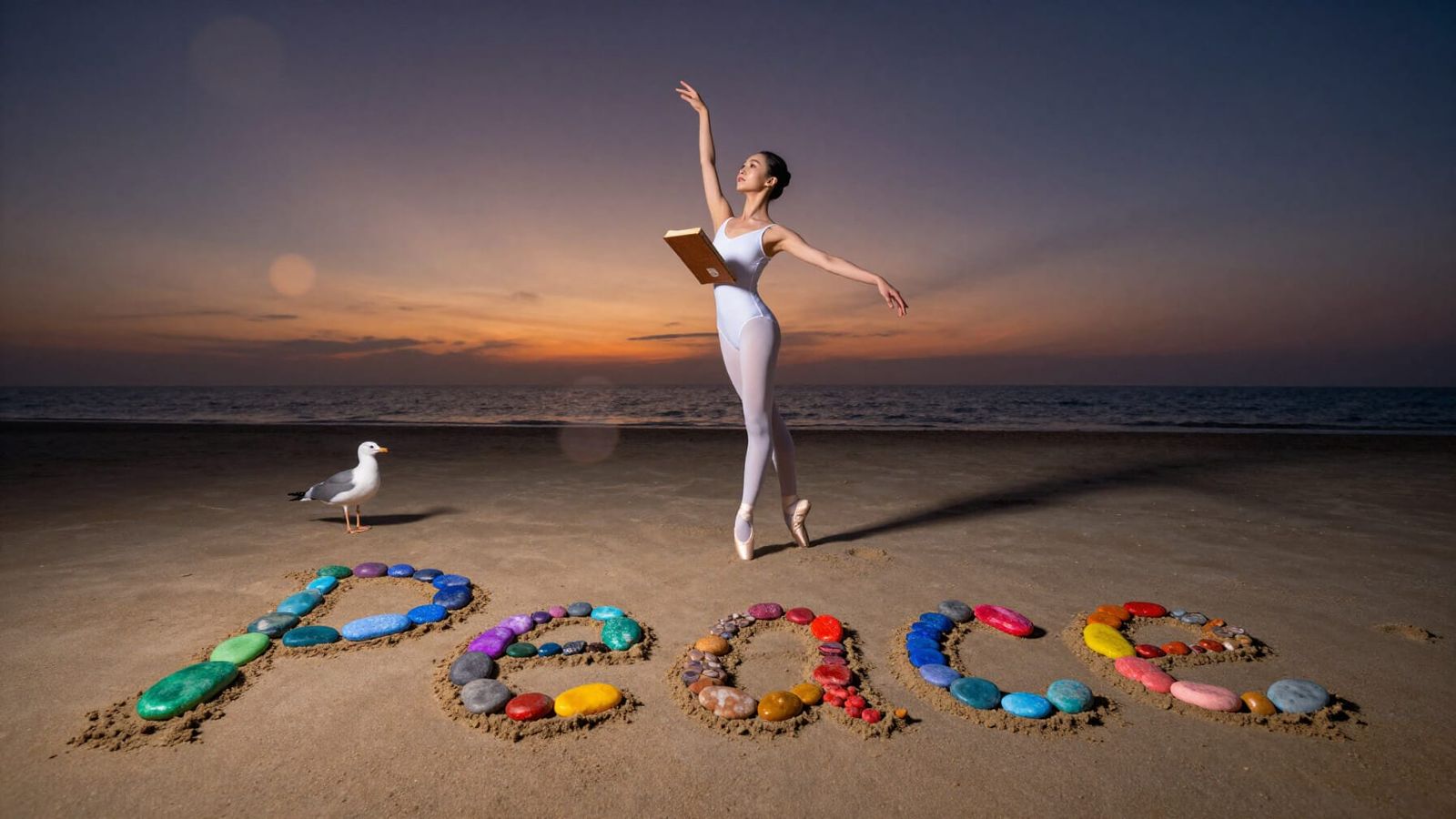 Ballet Dancer on Beach Writing Peace in Stones at Sunset