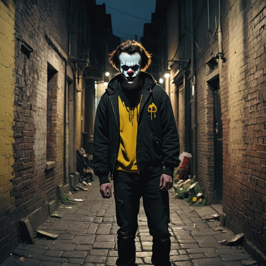 Pennywise Inspired Character in Dark Cinematic Scene