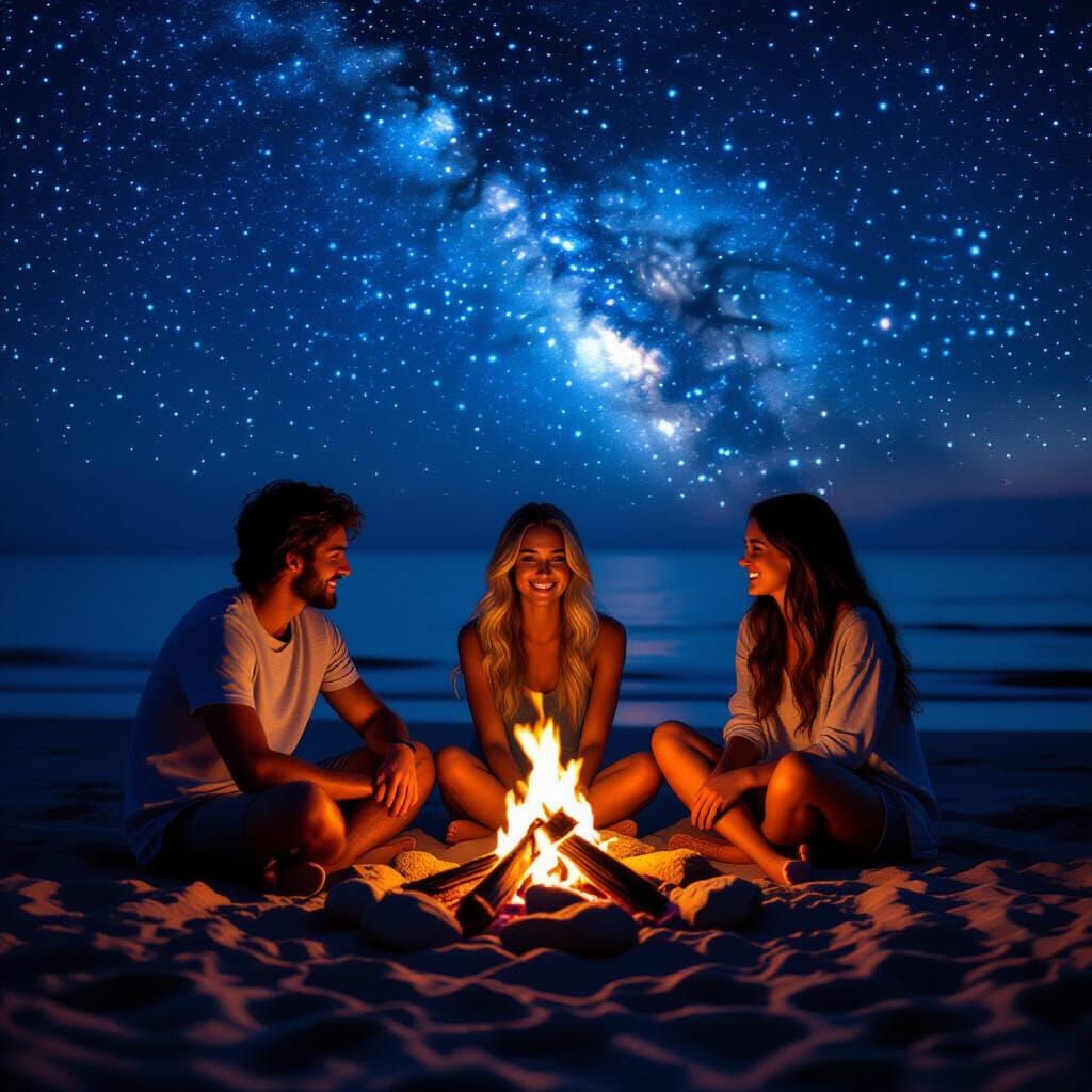 Beach Bonfire: Friends Under a Starry Sky