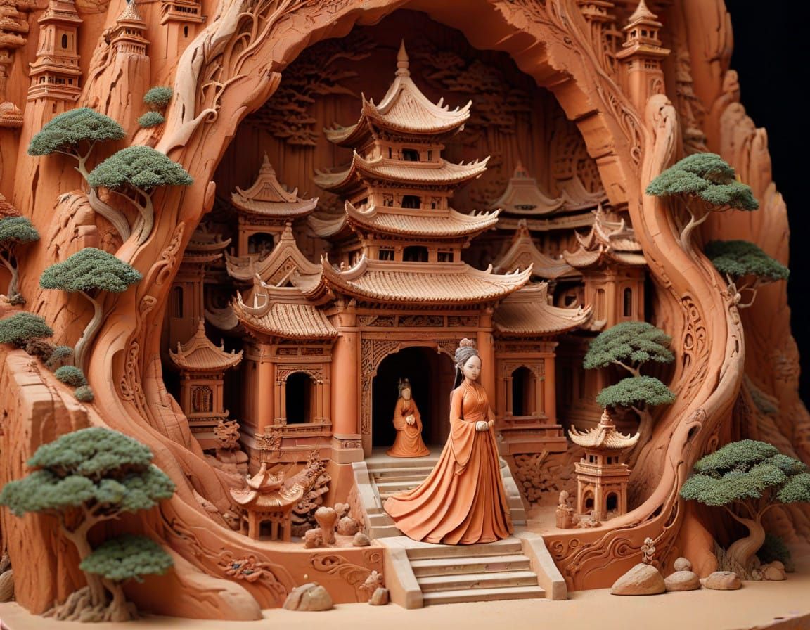 Miniature terracota clay chinese temple.