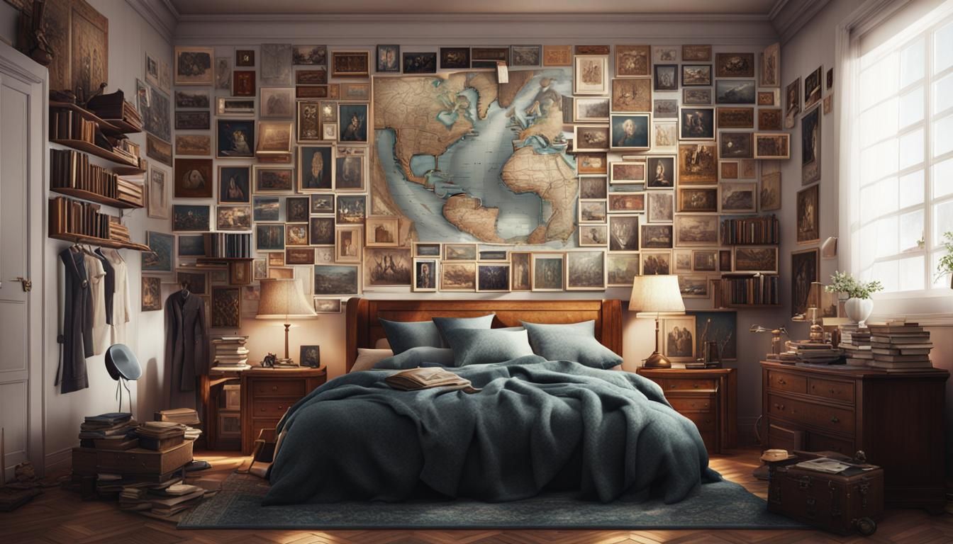 bedroom, books on the desk, clothes on the floor, empty wall...