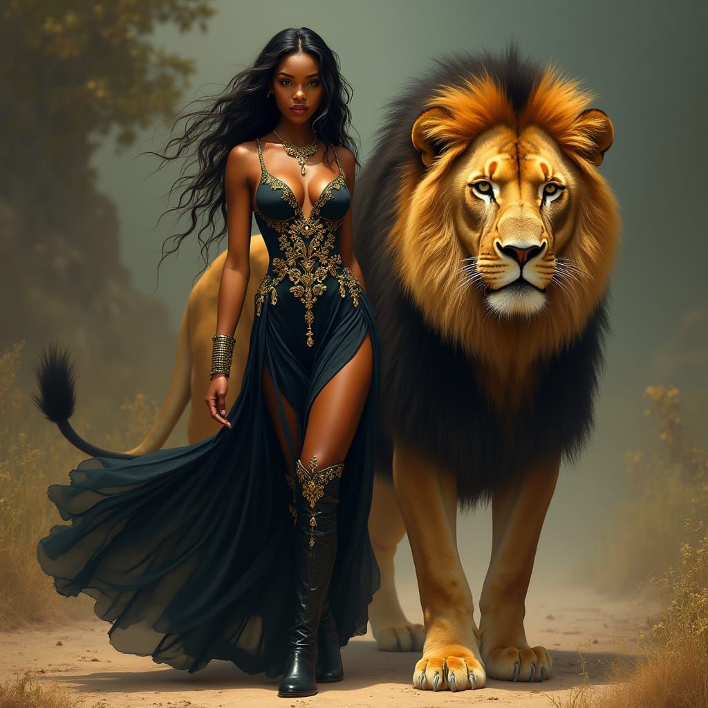 African Enchantress with Lion in Mystical Realism