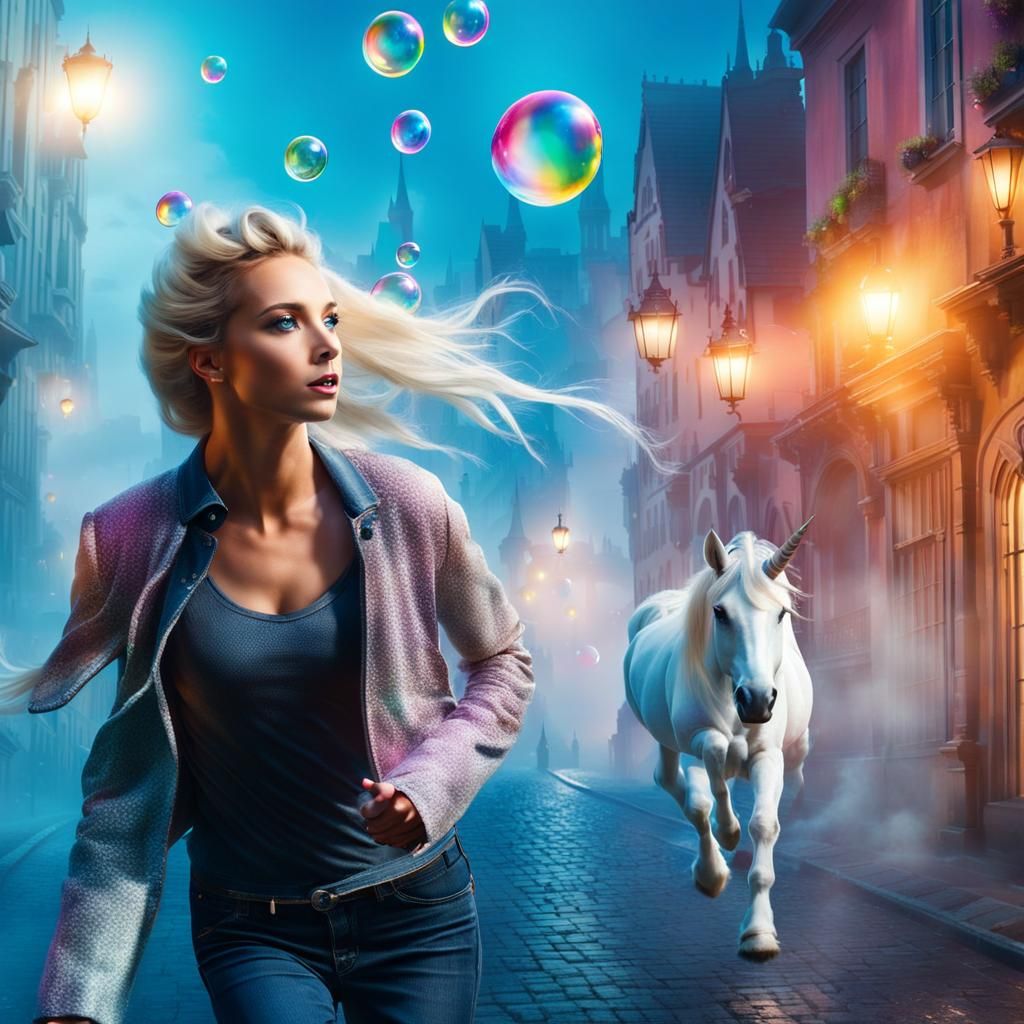 Unicorn Galloping Through Foggy Fantasy City