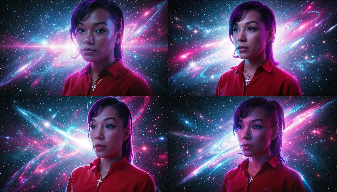 Cyberpunk Cosmic Portrait with Violet Hair and Neon Glow