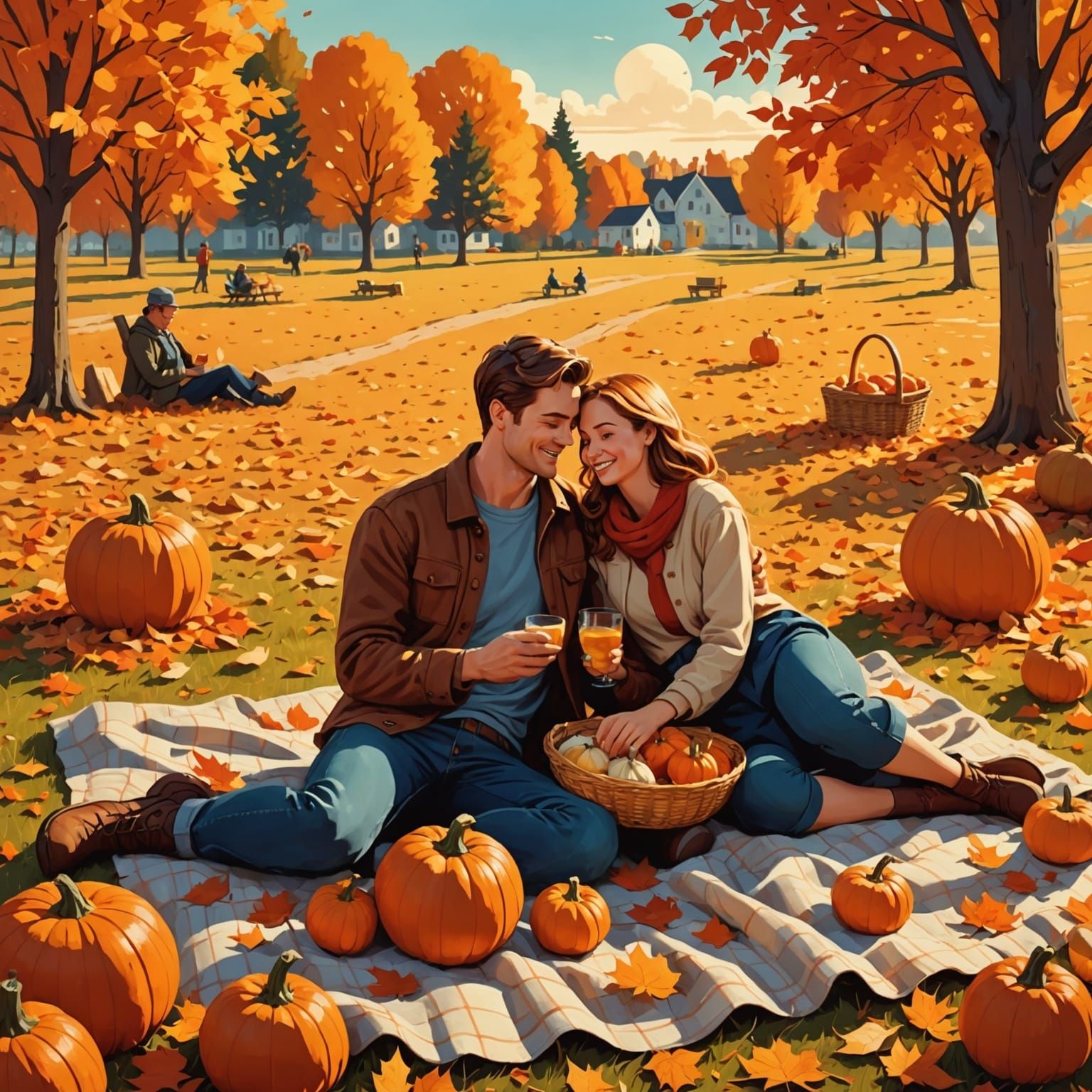Romantic Autumn Picnic Amidst Glowing Pumpkin Patch