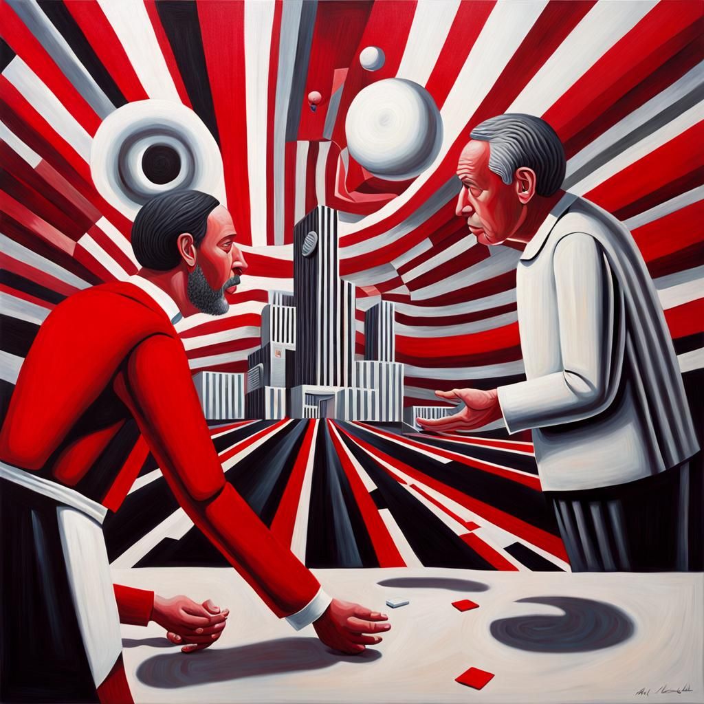 Surreal Precisionist Painting: Bad News in Red, White, Black
