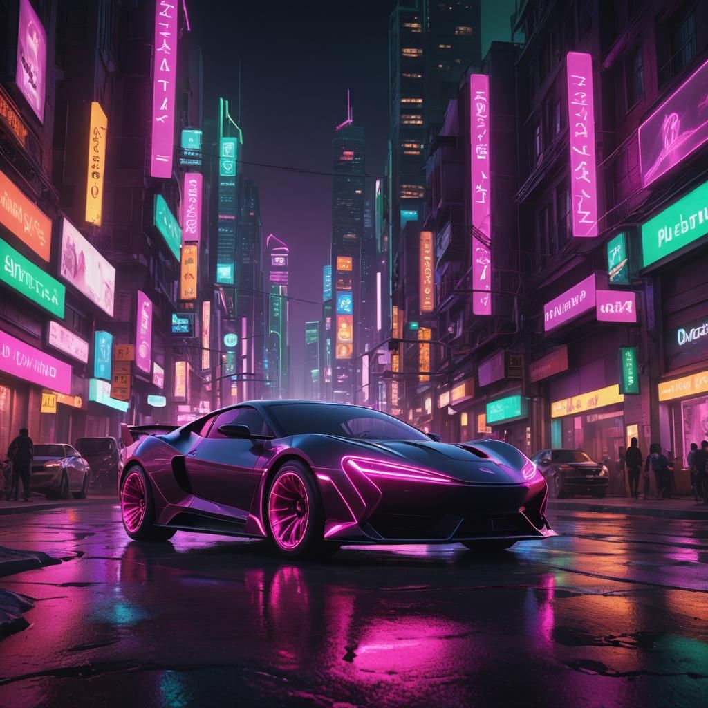 Futuristic Car in Neon City: Digital Matte Painting