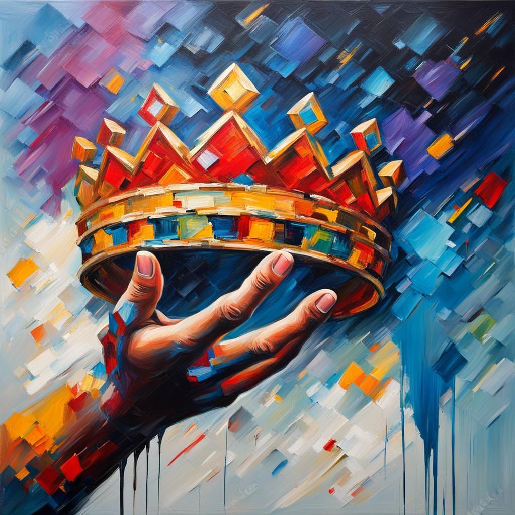 Hand Reaching for Crown: Abstract Oil Painting