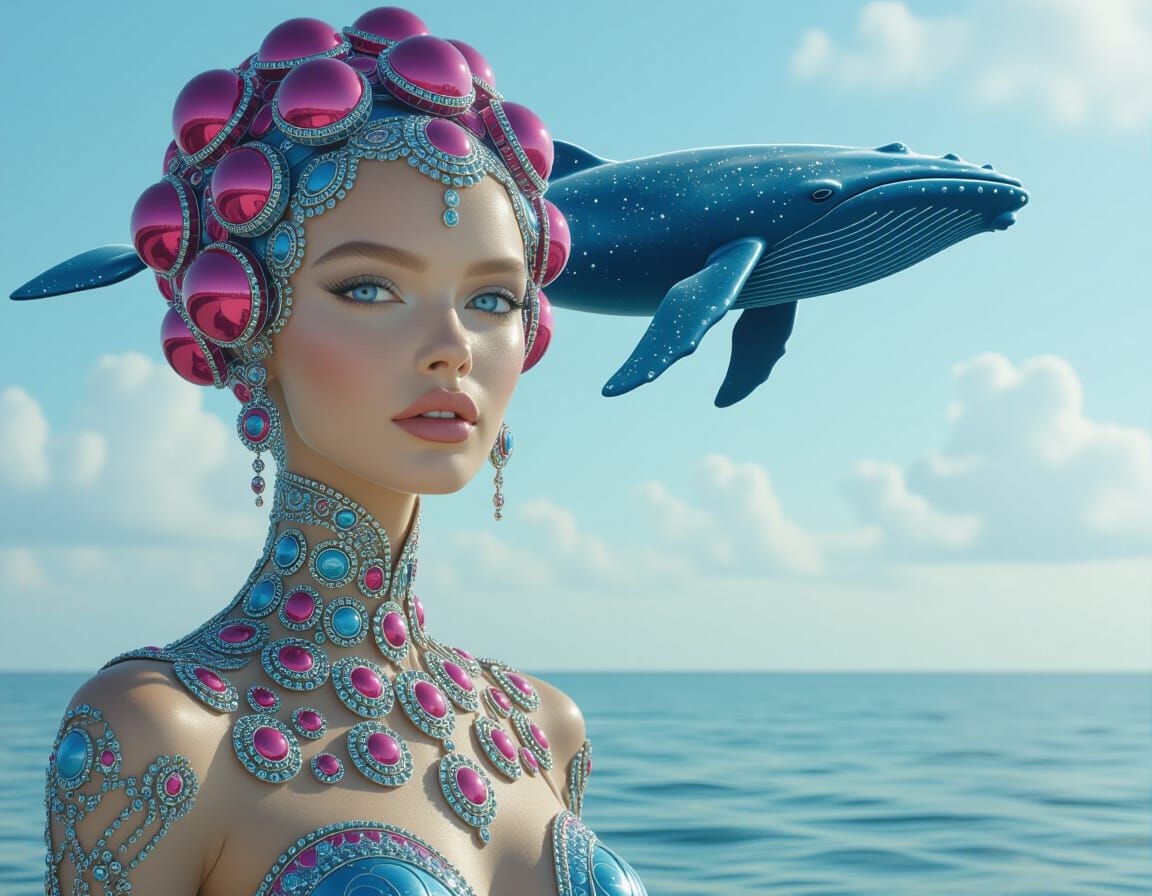 Futuristic Woman with Blue Eyes and Whale in Surreal Sky