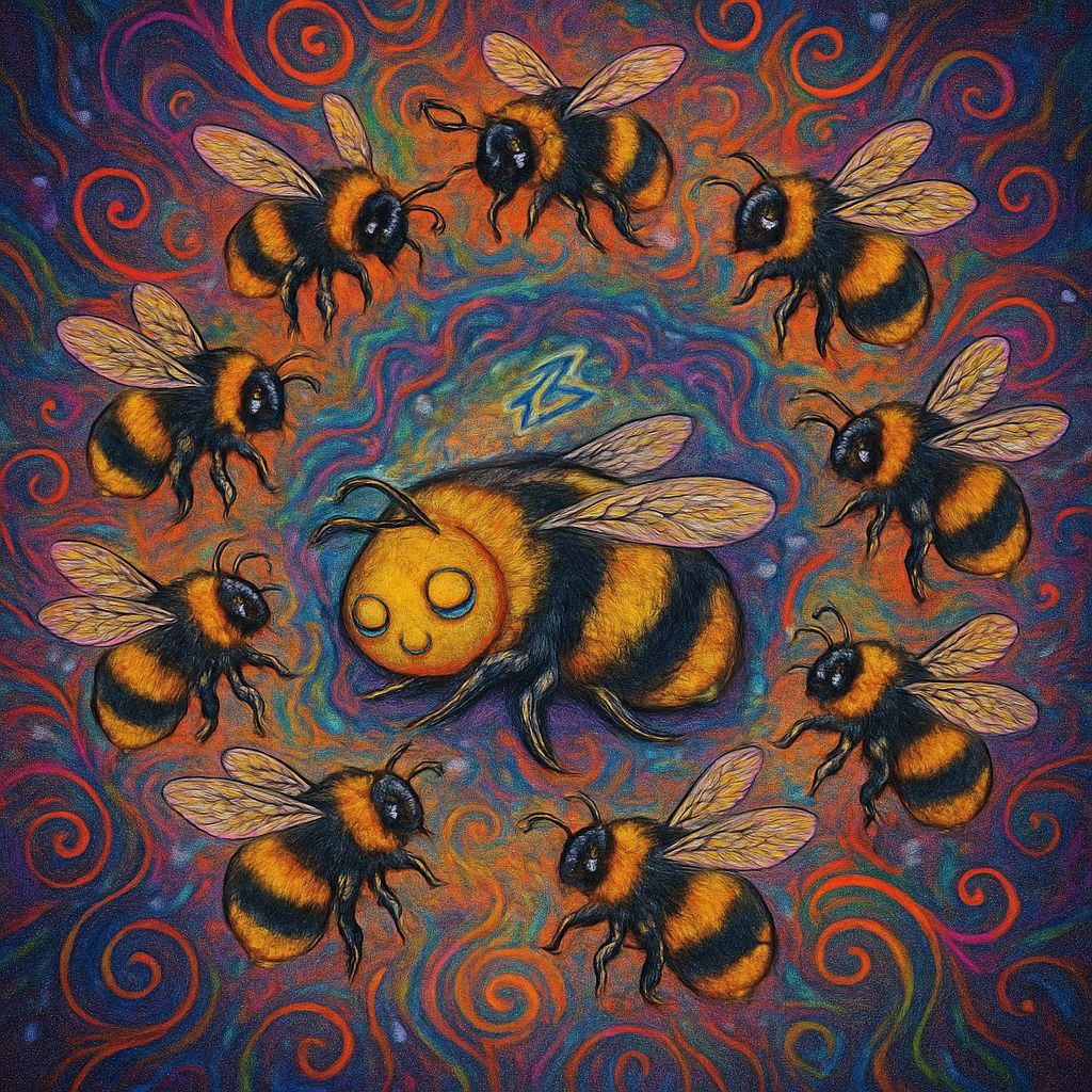 Mystical Psychedelic Bumblebees Dance Around Sleeping Bee
