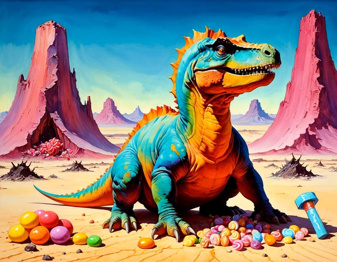 Dinosaur in Apocalyptic Desert with Candy, in Surreal Style