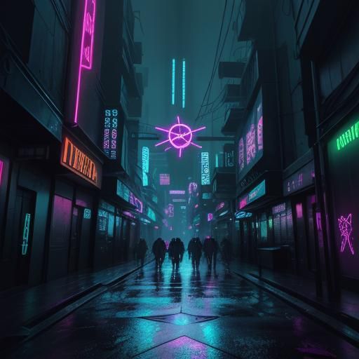 Neon Pentagram with Cross in Cyberpunk Style