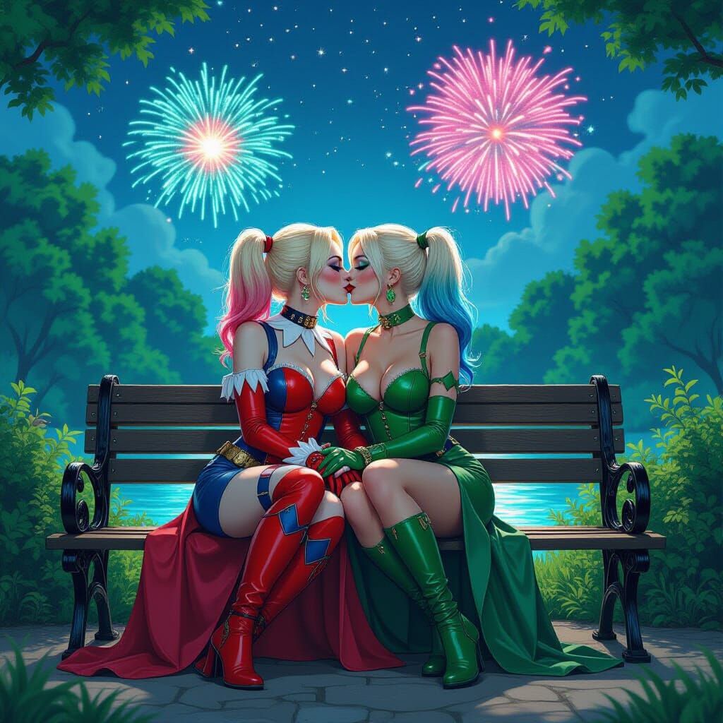 Romantic Kiss in a Moonlit Park, Digital Art