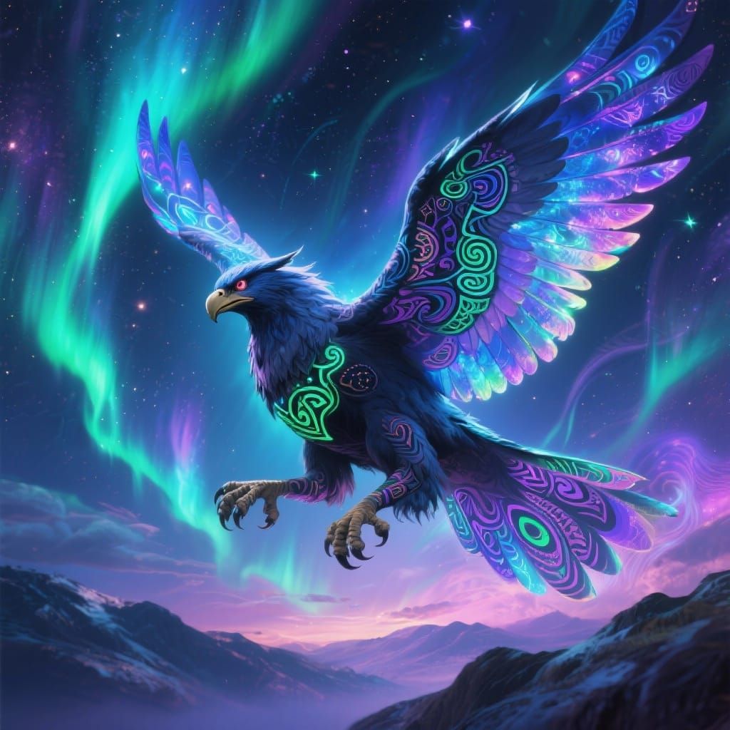 Majestic Griffin Soars Through Aurora Sky with Cosmic Moko